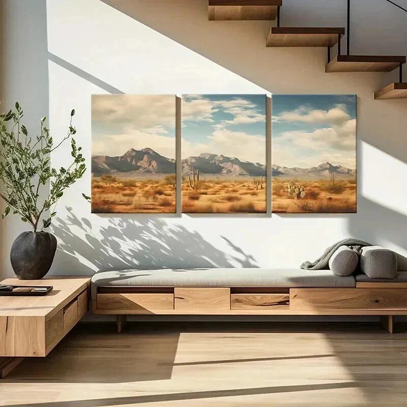 3pcs Vibrant Mountain Range & Cactus Scene Wall Art Set Canvas Framed 40x60cm - High Quality Print 100% Australian Made Wall Canvas Ready to Hang