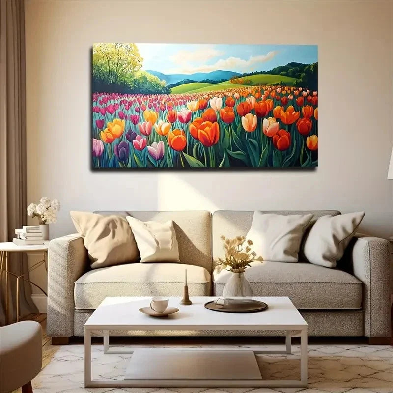 Vibrant Tulip Field Landscape Wall Art Canvas Office Home Room Framed 120x60cm