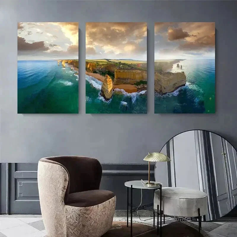 3pcs Serene Seaside Landscape with Dramatic Sky Metal Print Ready to Hang Art