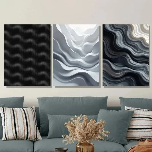 3pcs Modern Abstract Wave Art Black, White Wall Art Set Canvas Framed 40x60cm - High Quality Print 100% Australian Made Wall Canvas Ready to Hang