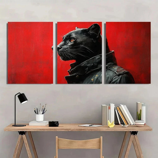 3pcs Modern Black Panther Vibrant Red Metal Print Ready to Hang Art