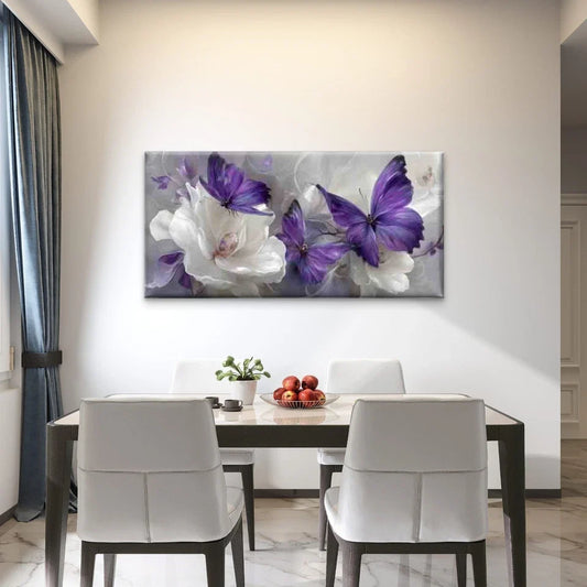 Purple Butterflies Floral Theme Wall Art Canvas Office Home Room Framed 80x45cm