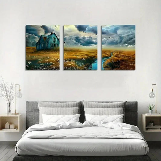 3pcs Blue Country Villa White Clouds Metal Print Ready to Hang Art
