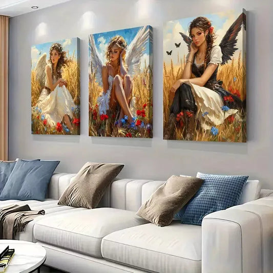 3pcs Enchanting Angel Girls in Wheat Field Wall Art Set Canvas Framed 40x60cm - High Quality Print 100% Australian Made Wall Canvas Ready to Hang