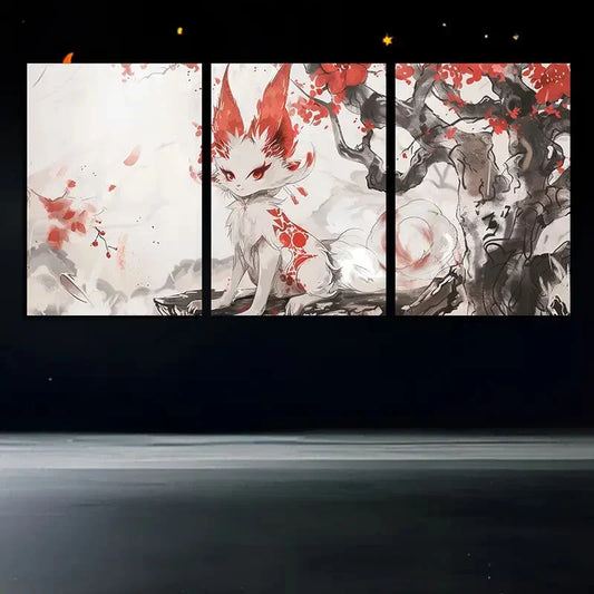 3pcs Fox Traditional Japanese Style Metal Print Ready to Hang Art