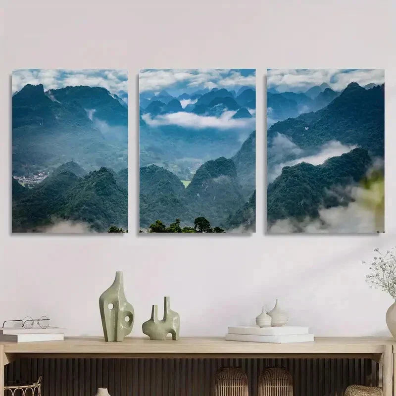 3pcs Foggy Peaks, Lush Green Valleys, and Cloud Metal Print Ready to Hang Art