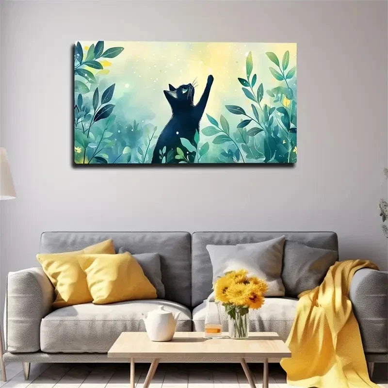 Watercolor Black Cat in Green Wall Art canvas office home room framed 120x60cm