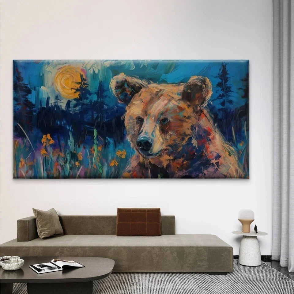 Abstract Bear in Forest Wall Art Canvas Office Home Room Framed 80x45cm