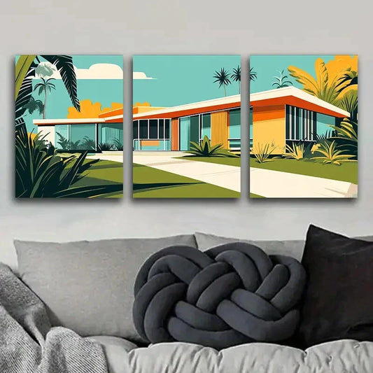 3pcs Set Mid-Century Modern House Metal Print Ready to Hang Art