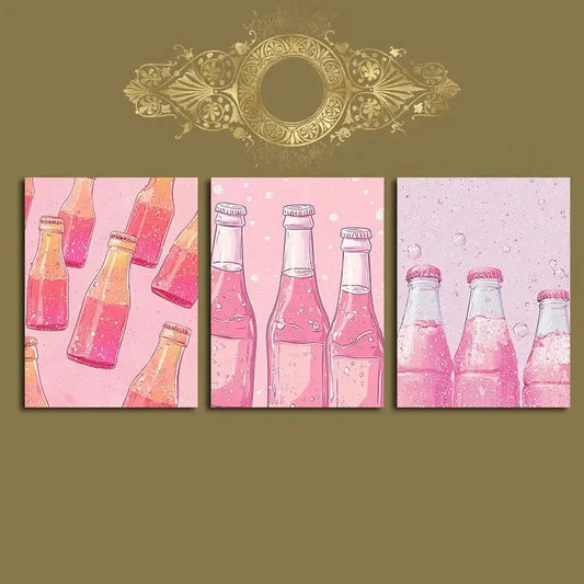 3pcs Vibrant Summer Beverage Bottle Metal Print Ready to Hang Art