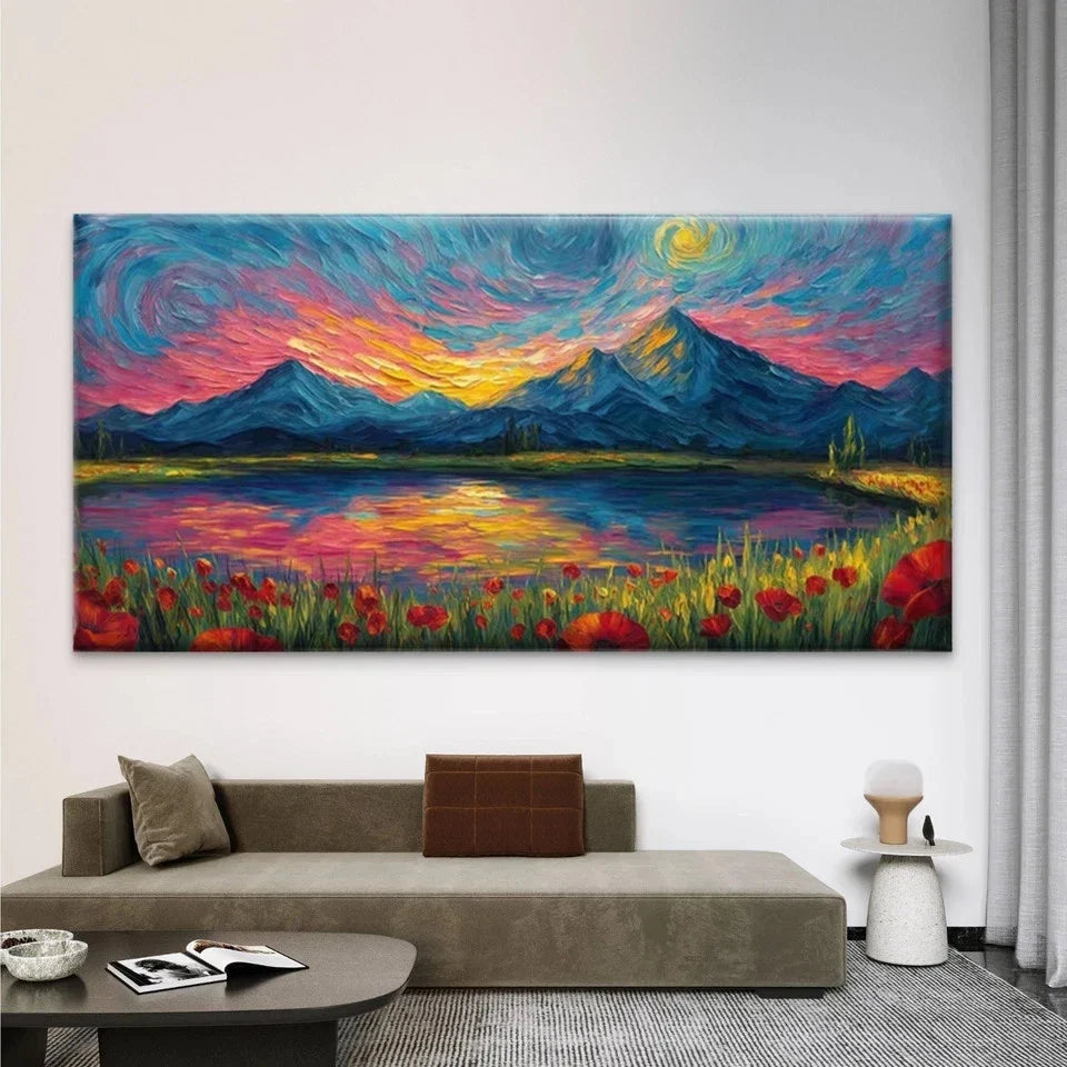 Colorful Sunset Lake Wall Art Canvas Office Home Room Framed 80x45cm