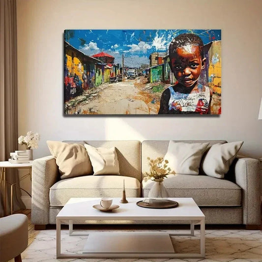 Vibrant African Street Scene Wall Art Canvas Office Home Room Framed 120x60cm