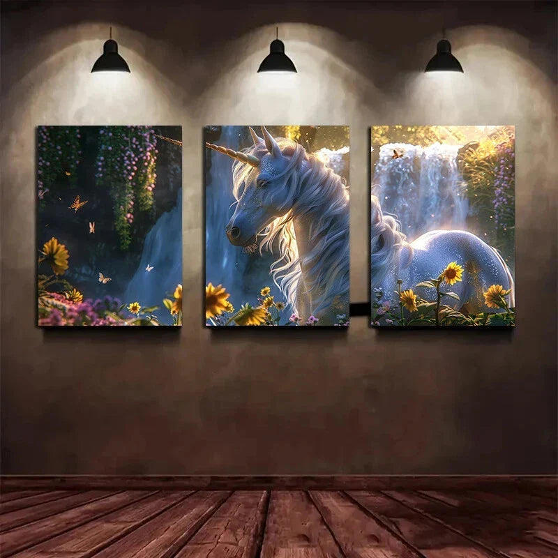 3pcs Beautiful Unicorn Standing Around a Waterfall Metal Print Ready to Hang Art