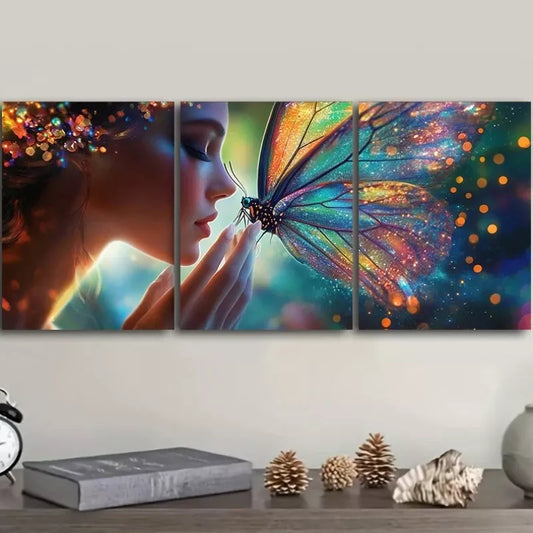3pcs Featuring a Butterfly Resting on Woman' Face Wall Art Set Canvas Framed 40x60cm - High Quality Print 100% Australian Made Wall Canvas Ready to Hang
