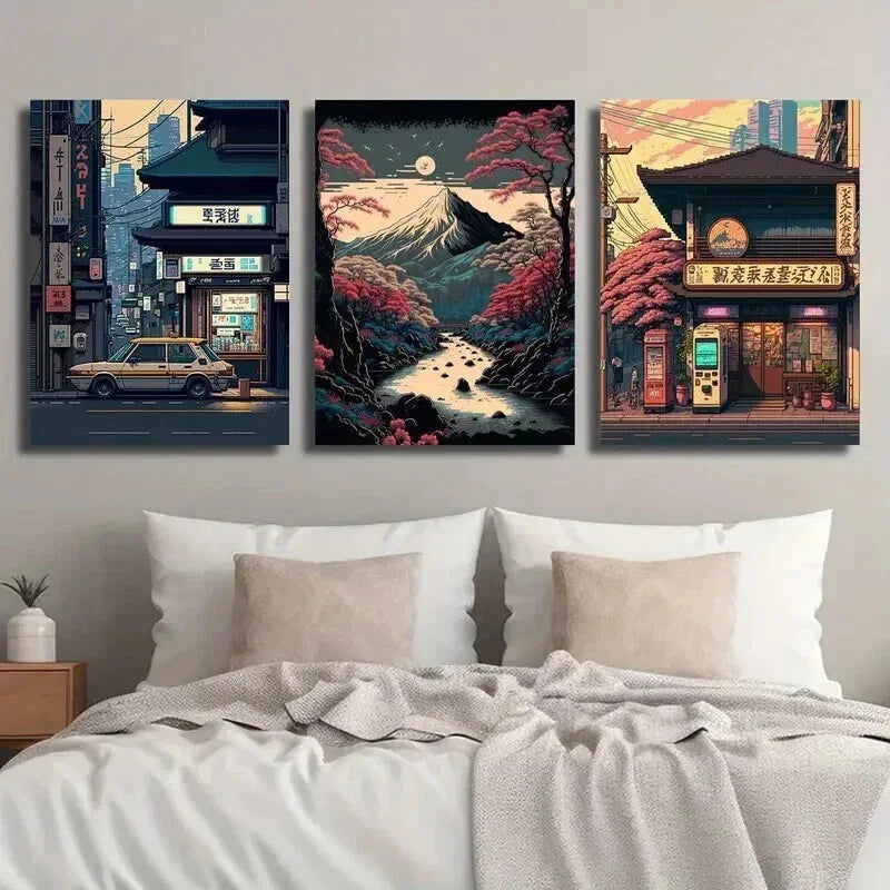 3pcs Japanese Night Shop & Retro Cherry Blossom Wall Art Set Canvas Framed 40x60cm - High Quality Print 100% Australian Made Wall Canvas Ready to Hang