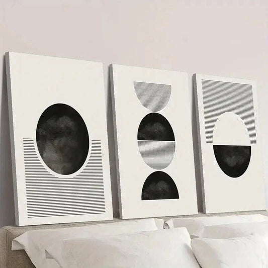 3pcs Black and White Geometric Circle and Line Wall Art Set Canvas Framed 40x60cm - High Quality Print 100% Australian Made Wall Canvas Ready to Hang