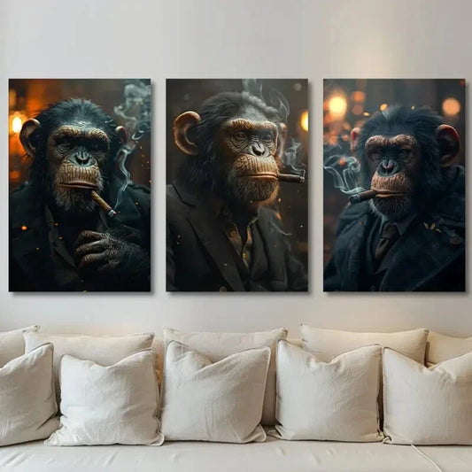 3pcs Chimpanzee Smoking cigar Black & Golden Metal Print Ready to Hang Art