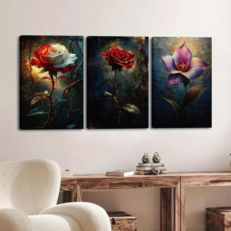 3pcs Charming Floral White & Red Rose Rose Lily Wall Art Set Canvas Framed 40x60cm - High Quality Print 100% Australian Made Wall Canvas Ready to Hang