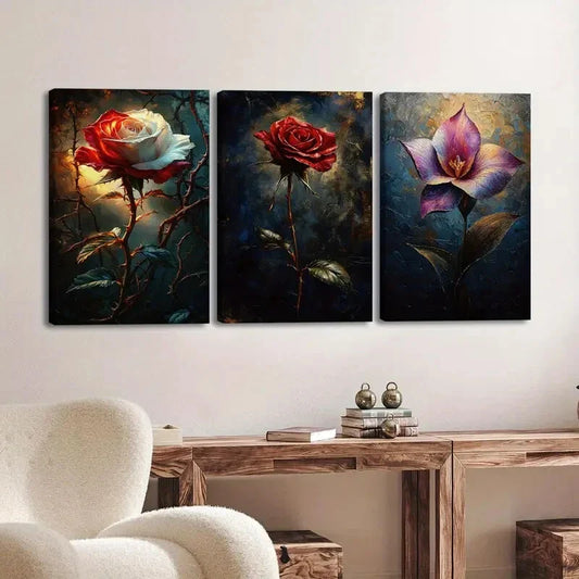 3pcs Charming Floral White & Red Rose Rose Lily Wall Art Set Canvas Framed 40x60cm - High Quality Print 100% Australian Made Wall Canvas Ready to Hang