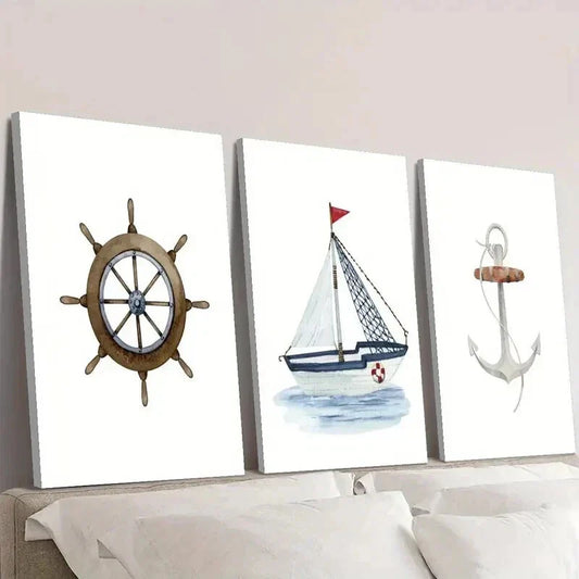 3pcs Painting of Rudder Sailboat and Anchor Wall Art Set Canvas Framed 40x60cm - High Quality Print 100% Australian Made Wall Canvas Ready to Hang