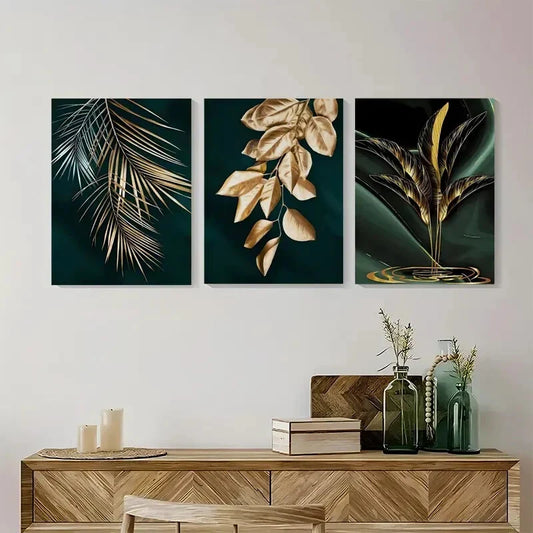 3pcs Green and Golden Flowers Metal Print Ready to Hang Art