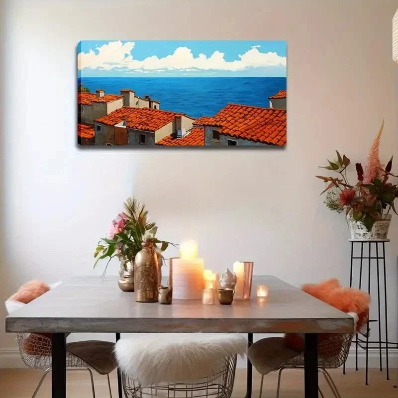 Roofed Seaside Town Blue Sky Wall Art Canvas Office Home Room Framed 120x60cm