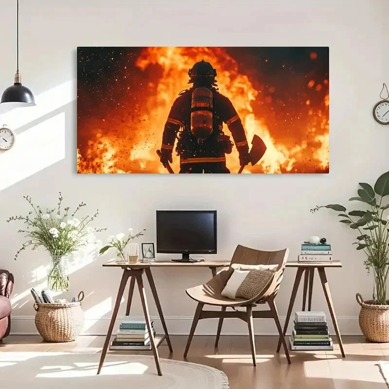 Retro Classic Deco Fireman Wall Art Canvas Office Home Room Framed 80x45cm