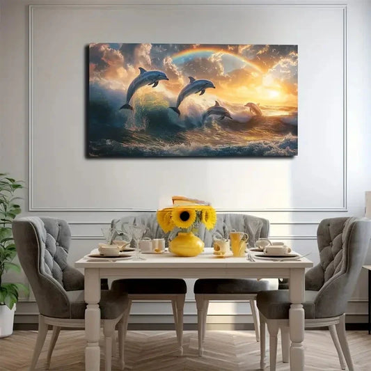 Sunset Dolphins Leaping Wall Art canvas office home room framed 120x60cm