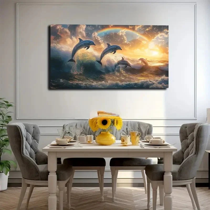Sunset Dolphins Leaping Wall Art canvas office home room framed 120x60cm