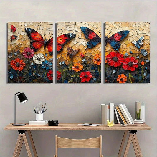3pcs Vibrant Mosaic Butterflies & Flowers Metal Print Ready to Hang Art