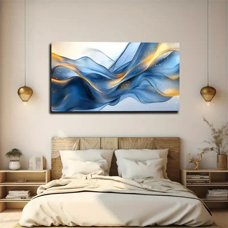 Abstract Blue And Golden Modern Wall Art Canvas Office Home Room Framed 80x45cm