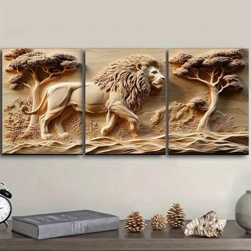 3pcss Lion In The Jungle Nature Wall Art Set Canvas Framed 40x60cm - High Quality Print 100% Australian Made Wall Canvas Ready to Hang