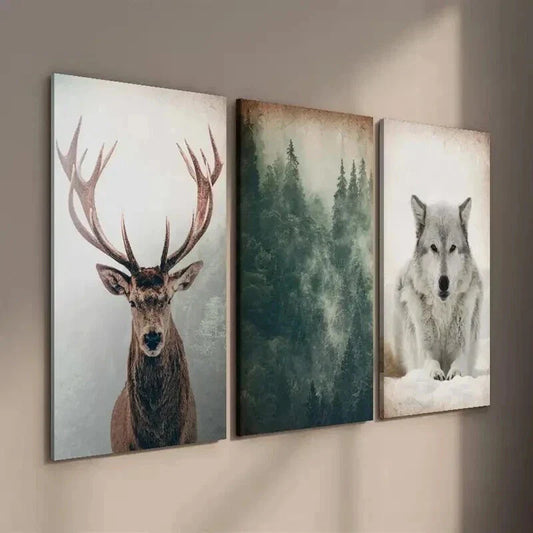 3pcs Vintage Forest and Animals Deer and Wolf Wall Art Set Canvas Framed 40x60cm - High Quality Print 100% Australian Made Wall Canvas Ready to Hang