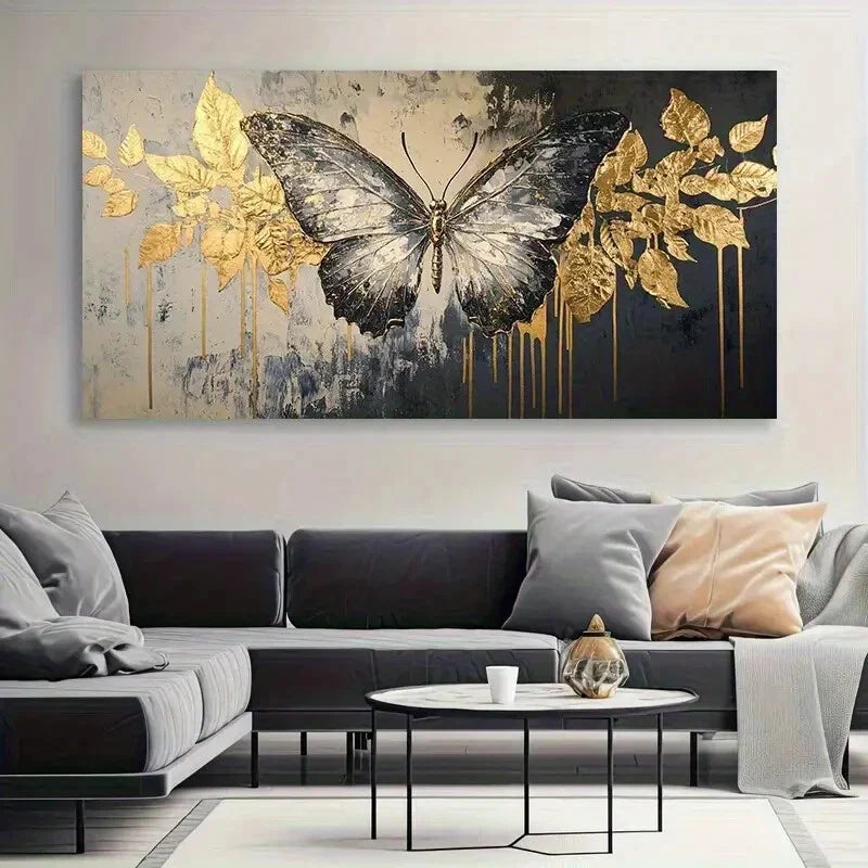 Butterfly & Leaves Golden Tone Wall Art Canvas Office Home Room Framed 80x45cm