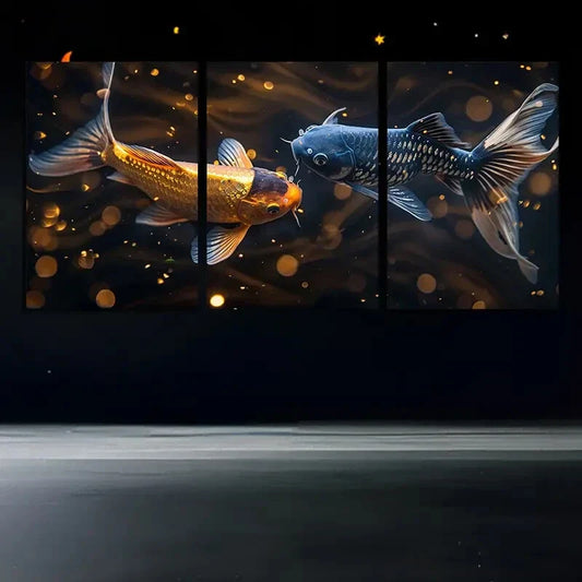 3pcs Koi Fish Modern Golden Blue Fish Metal Print Ready to Hang Art