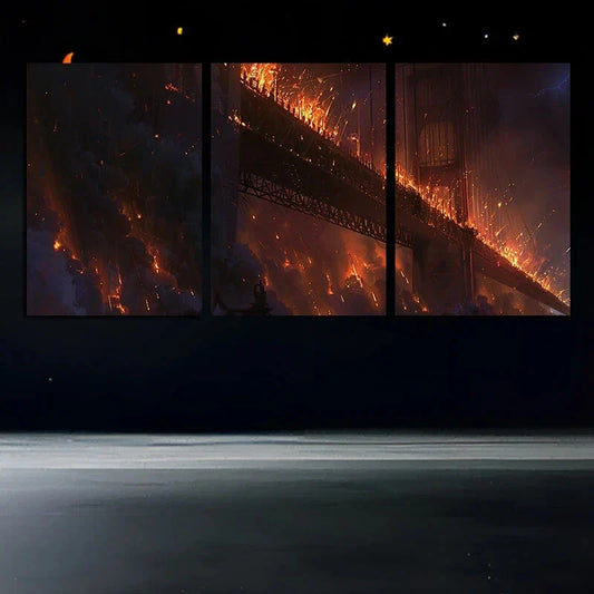 3pcs Fire Bridge Dramatic Burning Bridge Scene Metal Print Ready to Hang Art