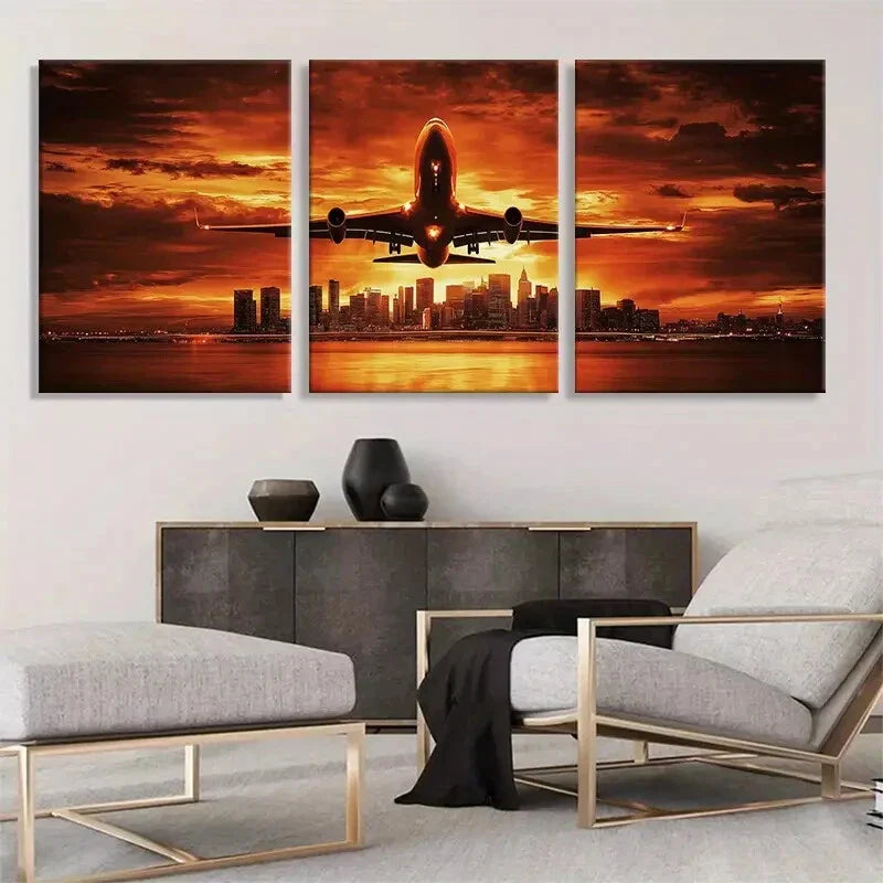 3pcs Vibrant Airplane Cityscape Skyline Perfect Wall Art Set Canvas Framed 40x60cm - High Quality Print 100% Australian Made Wall Canvas Ready to Hang