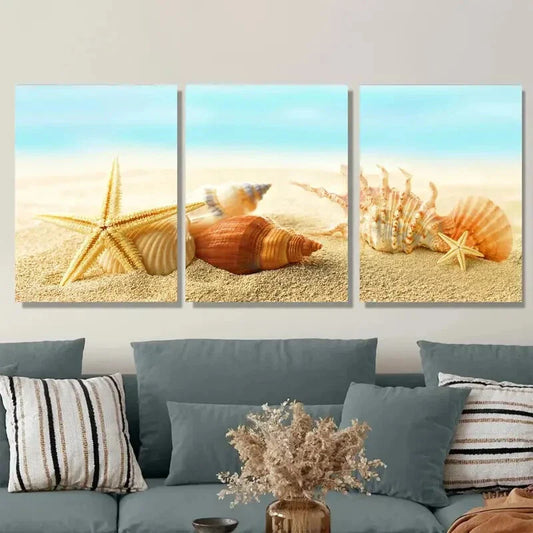 3pcs Beach Seashells and Starfish Triptych Metal Print Ready to Hang Art