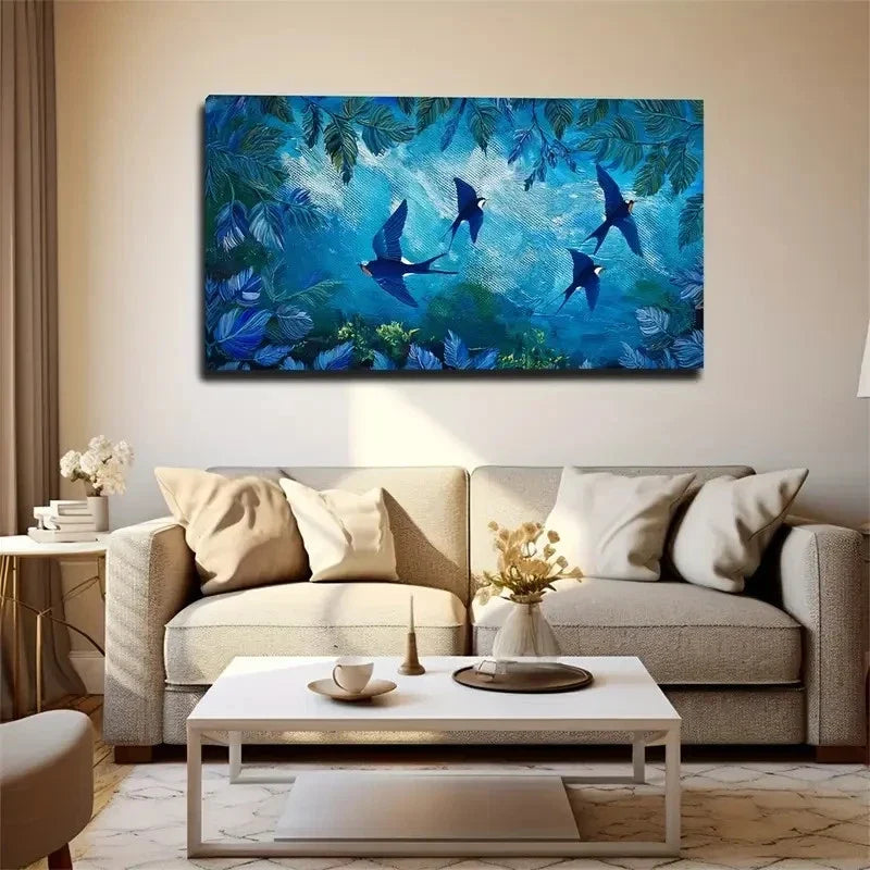 Swallows Flight Vibrant Jungle Wall Art Canvas Office Home Room Framed 120x60cm