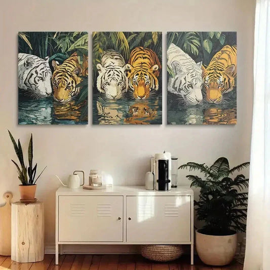 3pcs Lion Tiger & White Tiger Vibrant Metal Print Ready to Hang Art