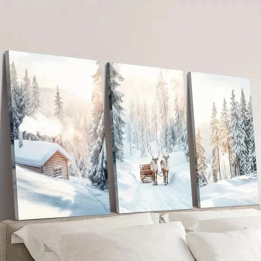 3pcs Snowy Trees Scene & Christmas Elk Wall Art Set Canvas Framed 40x60cm - High Quality Print 100% Australian Made Wall Canvas Ready to Hang