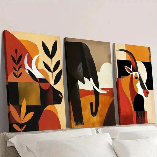3pcs Cattle Goat & Elephant Geometric Design Wall Art Set Canvas Framed 40x60cm - High Quality Print 100% Australian Made Wall Canvas Ready to Hang