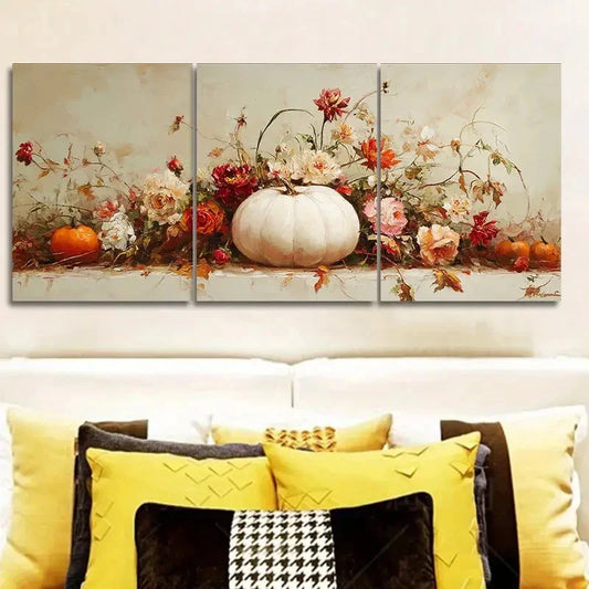 3pcs Paintings of pumpkins and flowers Metal Print Ready to Hang Art