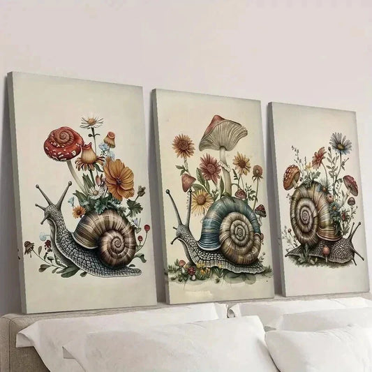 3pcs Vintage Snail Flower Mushroom Wall Art Set Canvas Framed 40x60cm - High Quality Print 100% Australian Made Wall Canvas Ready to Hang