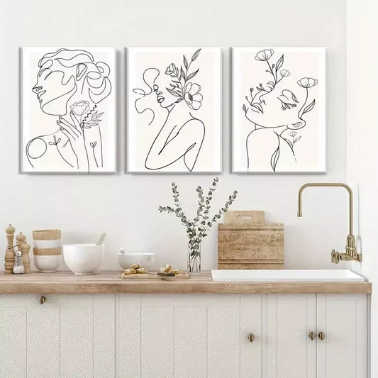 3pcs Minimalist Woman Flower Line Canvas Framed 40x60cm - High Quality Print 100% Australian Made Wall Canvas Ready to Hang