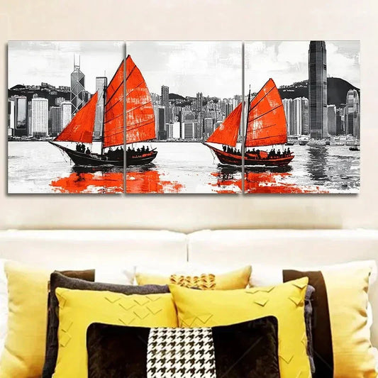 3pcs Hong Kong harbour Art Painting Metal Print Ready to Hang Art