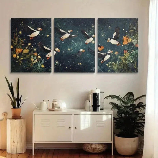 3pcs Puffins Soaring Through Night Sky Wall Art Set Canvas Framed 40x60cm - High Quality Print 100% Australian Made Wall Canvas Ready to Hang