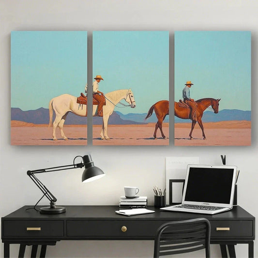 3pcs Horse Riding White and Brown Horse Metal Print Ready to Hang Art