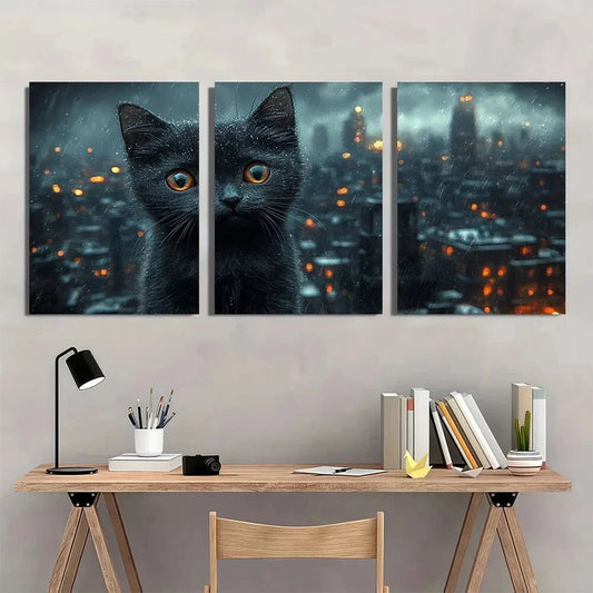 3pcs Stormy Kitten & Cityscape Painting Metal Print Ready to Hang Art