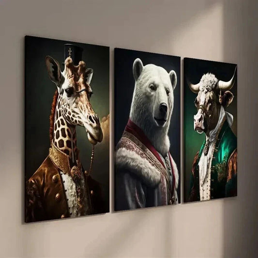 3pcs Giraffe Polar Bear & Bull Wearing Clothes Wall Art Set Canvas Framed 40x60cm - High Quality Print 100% Australian Made Wall Canvas Ready to Hang